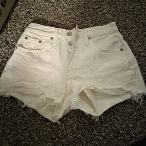 Levi's Cream Distressed High-Rise Denim Shorts